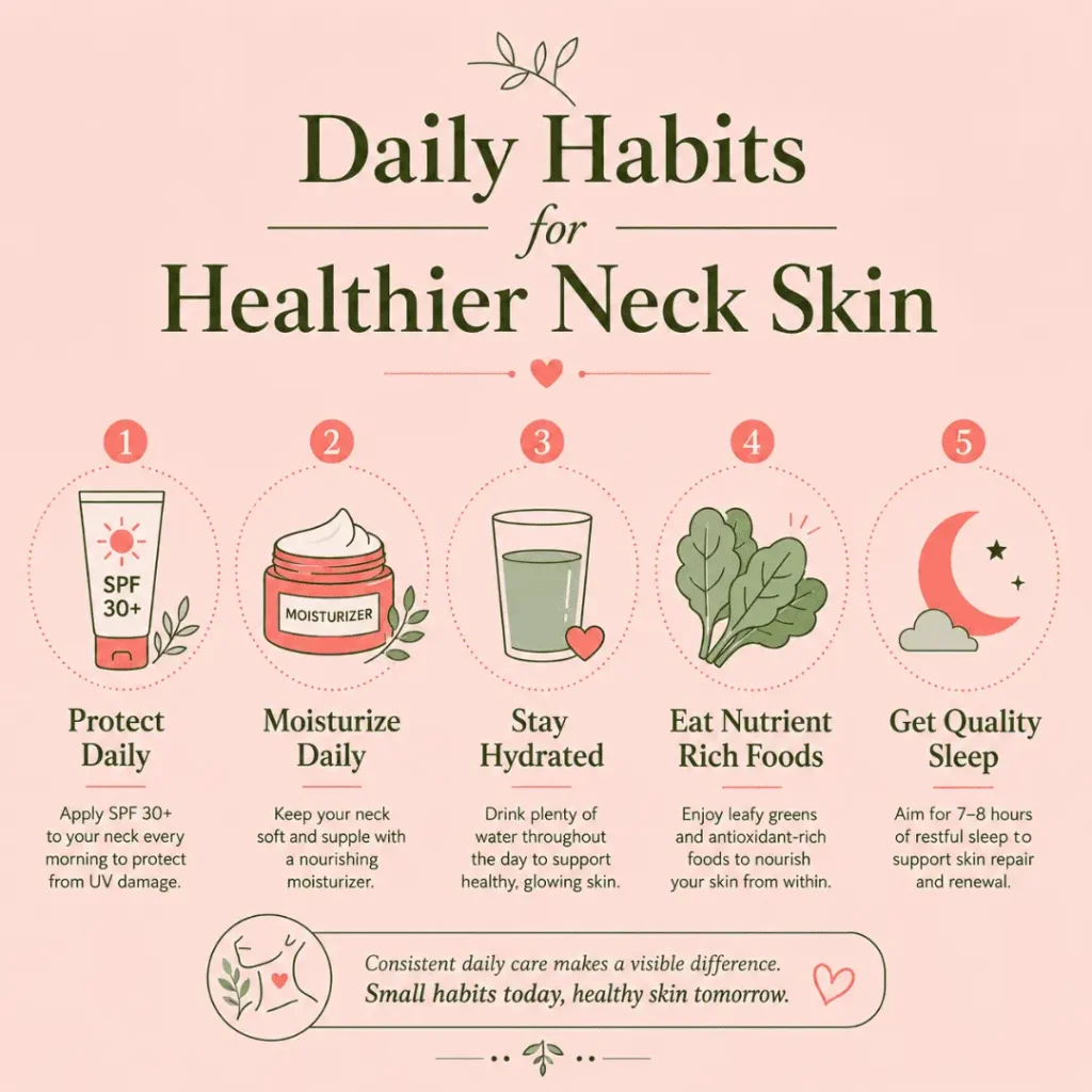 infographic showing daily habits to support neck wrinkles at 50