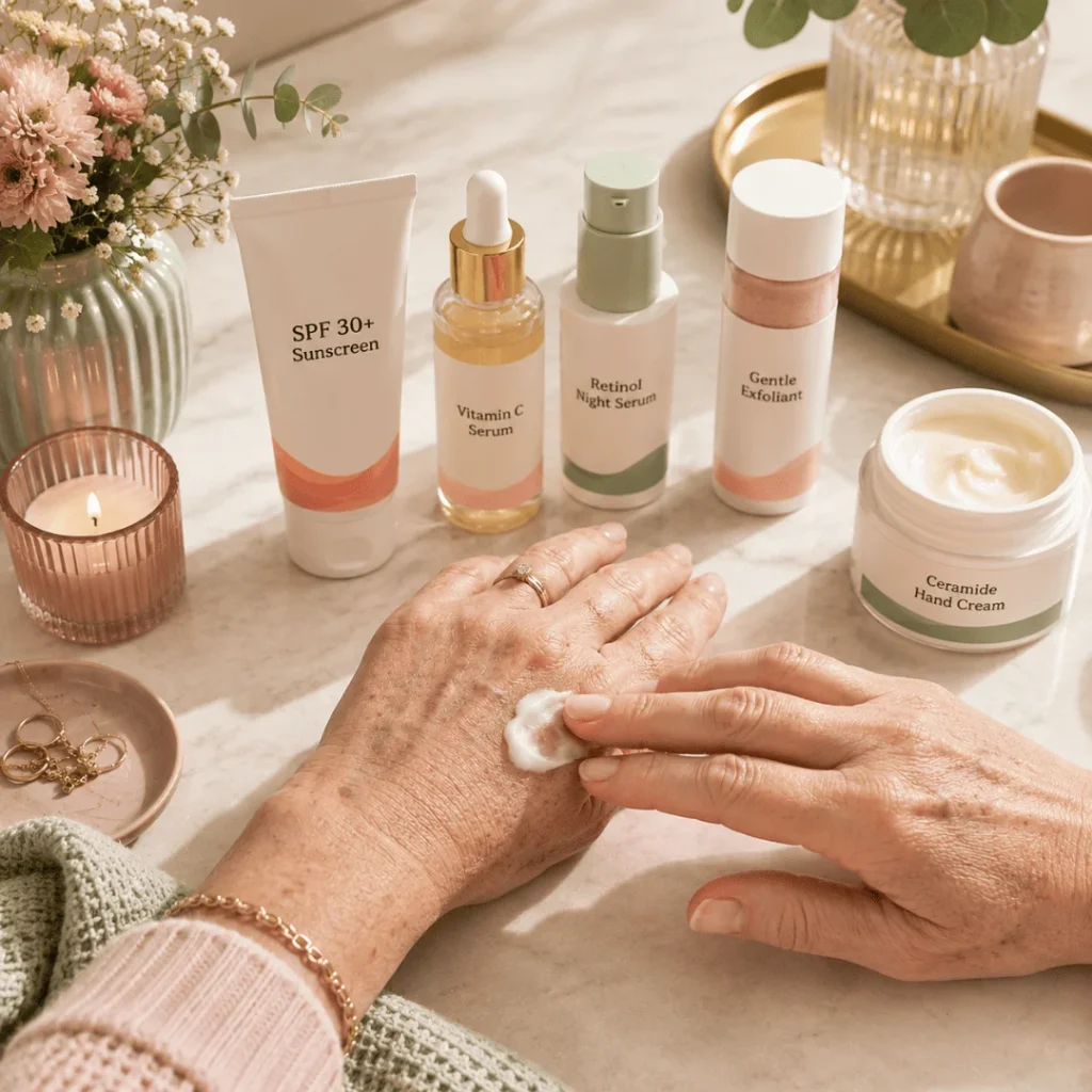 Vitamin C serum and sunscreen used to treat age spots on hands