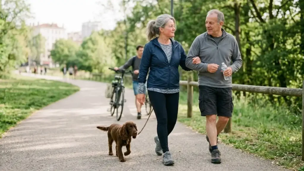 Mature couple walking together in a green park with a dog, sharing a calm and supportive moment
