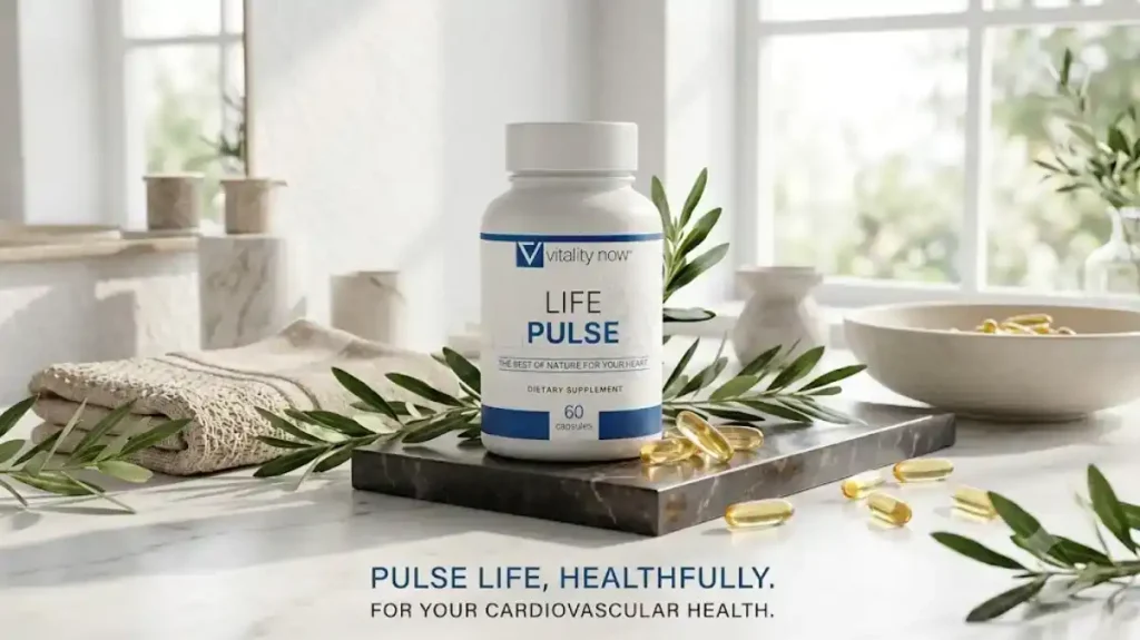 Life Pulse dietary supplement bottle displayed in a bright premium wellness setting with green leaves and capsules.