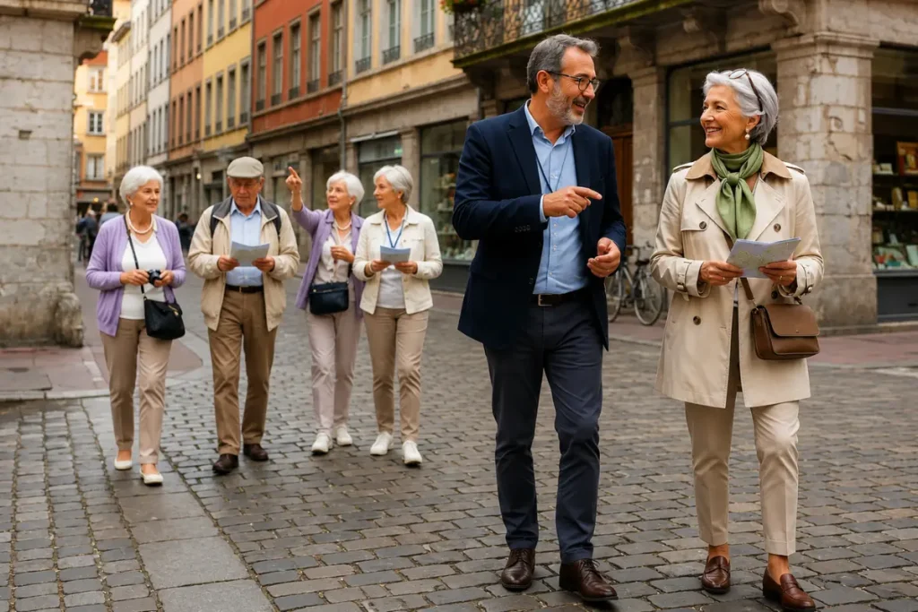 The Best Travel Tours for Singles Over 50: A group of active solo travelers enjoying a guided walking tour through the charming, historic cobblestone streets of a classic European city.