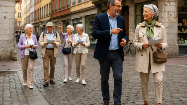 The Best Travel Tours for Singles Over 50: A group of active solo travelers enjoying a guided walking tour through the charming, historic cobblestone streets of a classic European city.