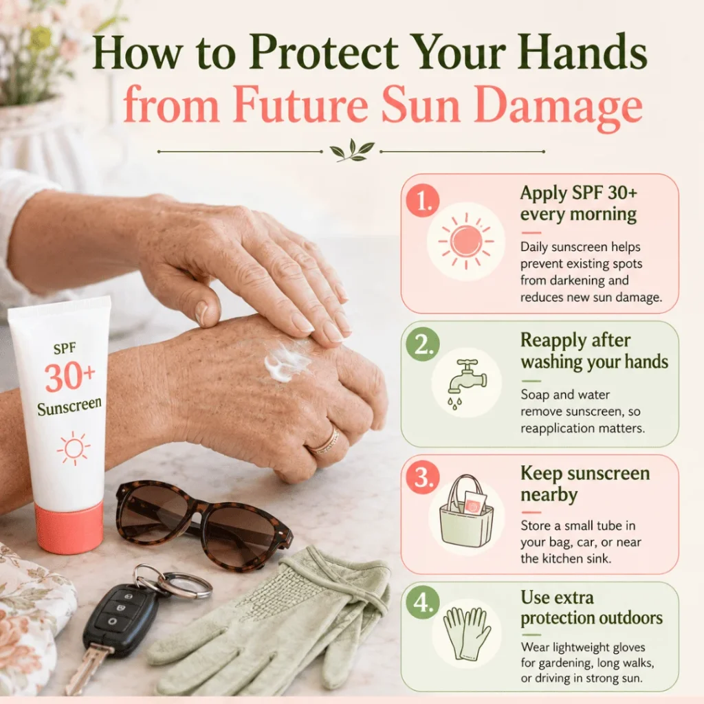 age spots hands prevention routine with SPF sunscreen and mature hand care tips