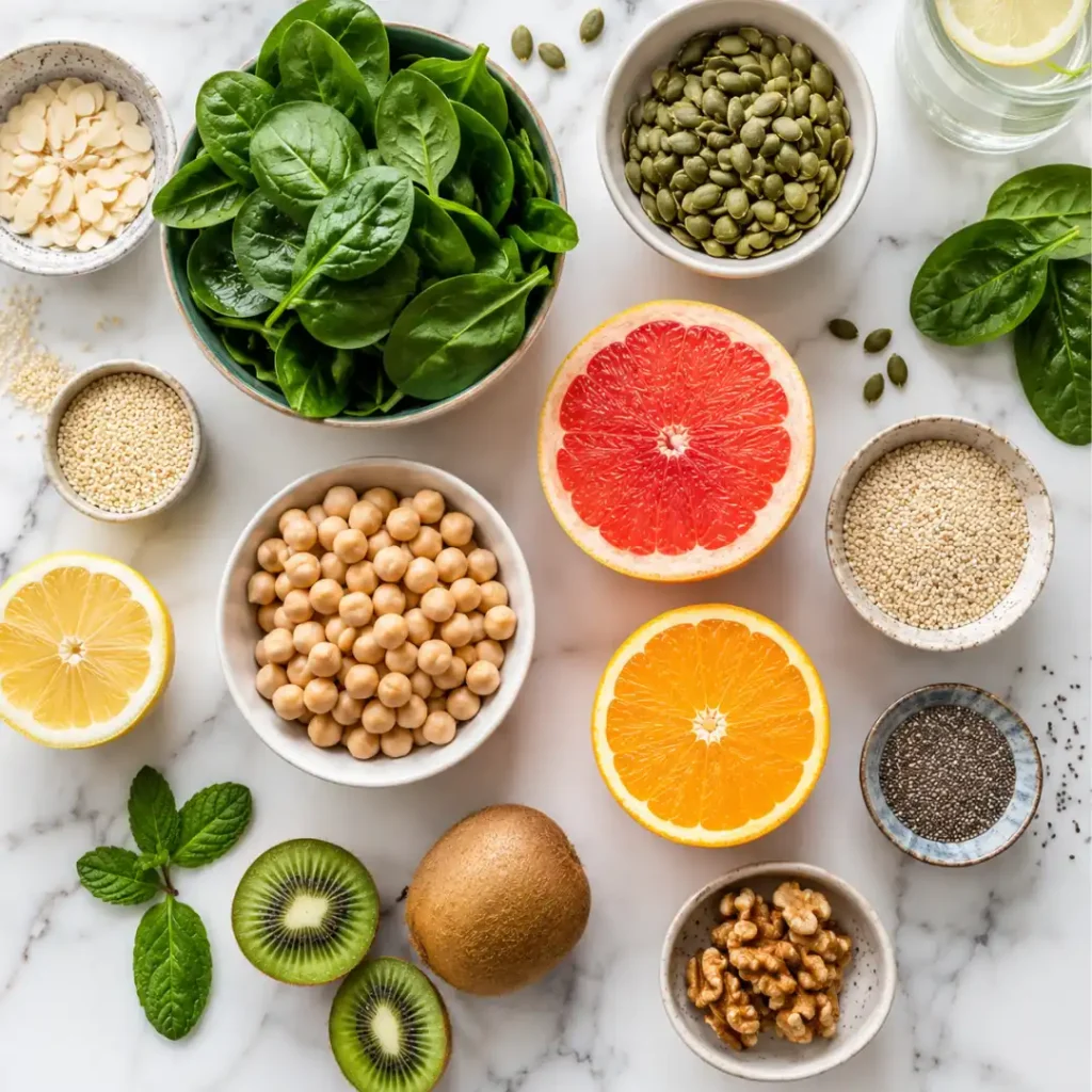Vegan collagen boosters food sources flat lay