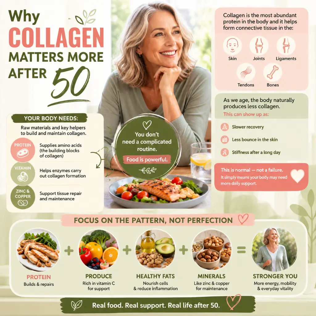 Infographic showing simple collagen-supporting foods for women over 50, including salmon, colorful fruits and vegetables, healthy fats, and minerals to promote healthy skin, joints, bones, and overall vitality.