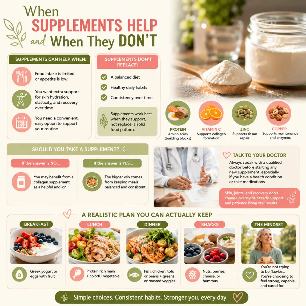 Simple Foods Collagen: Infographic explaining when collagen supplements may help women over 50, highlighting protein, vitamin C, zinc, copper, balanced meals, healthy habits, and realistic daily nutrition for collagen support.