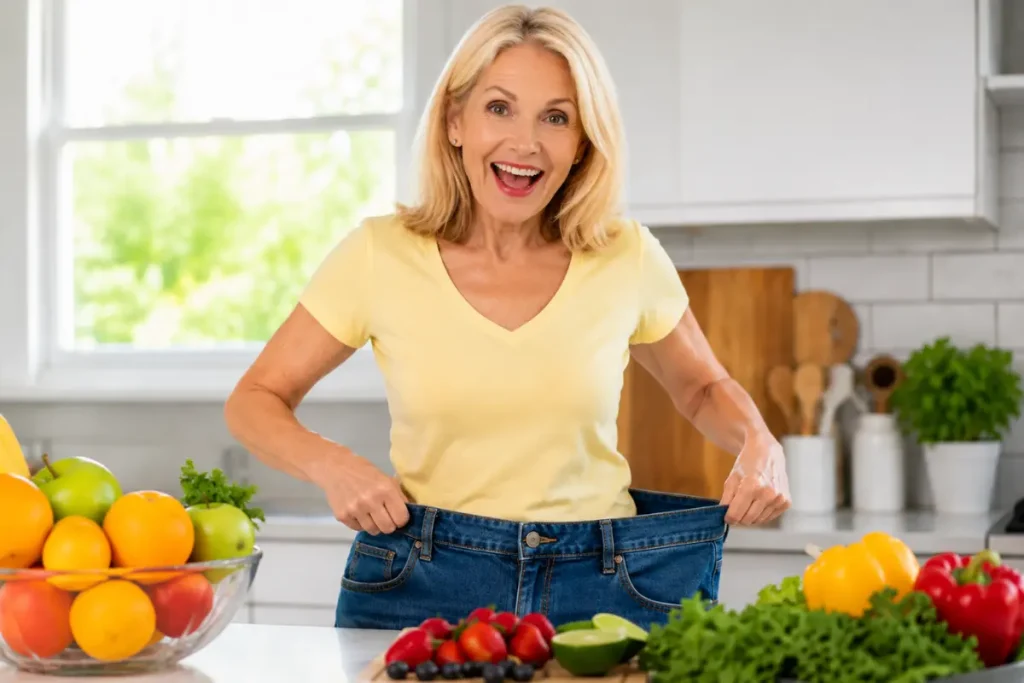 Smiling woman over 50 holding oversized jeans in a bright kitchen with fresh fruits and vegetables, illustrating healthy weight loss after 50 supported by balanced nutrition and a gelatin routine.