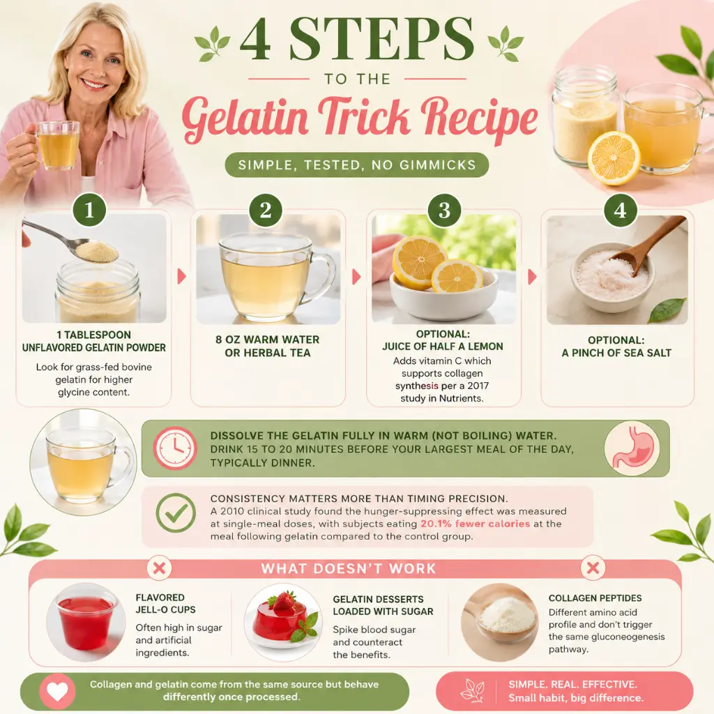 Step-by-step infographic for the gelatin trick recipe for weight loss after