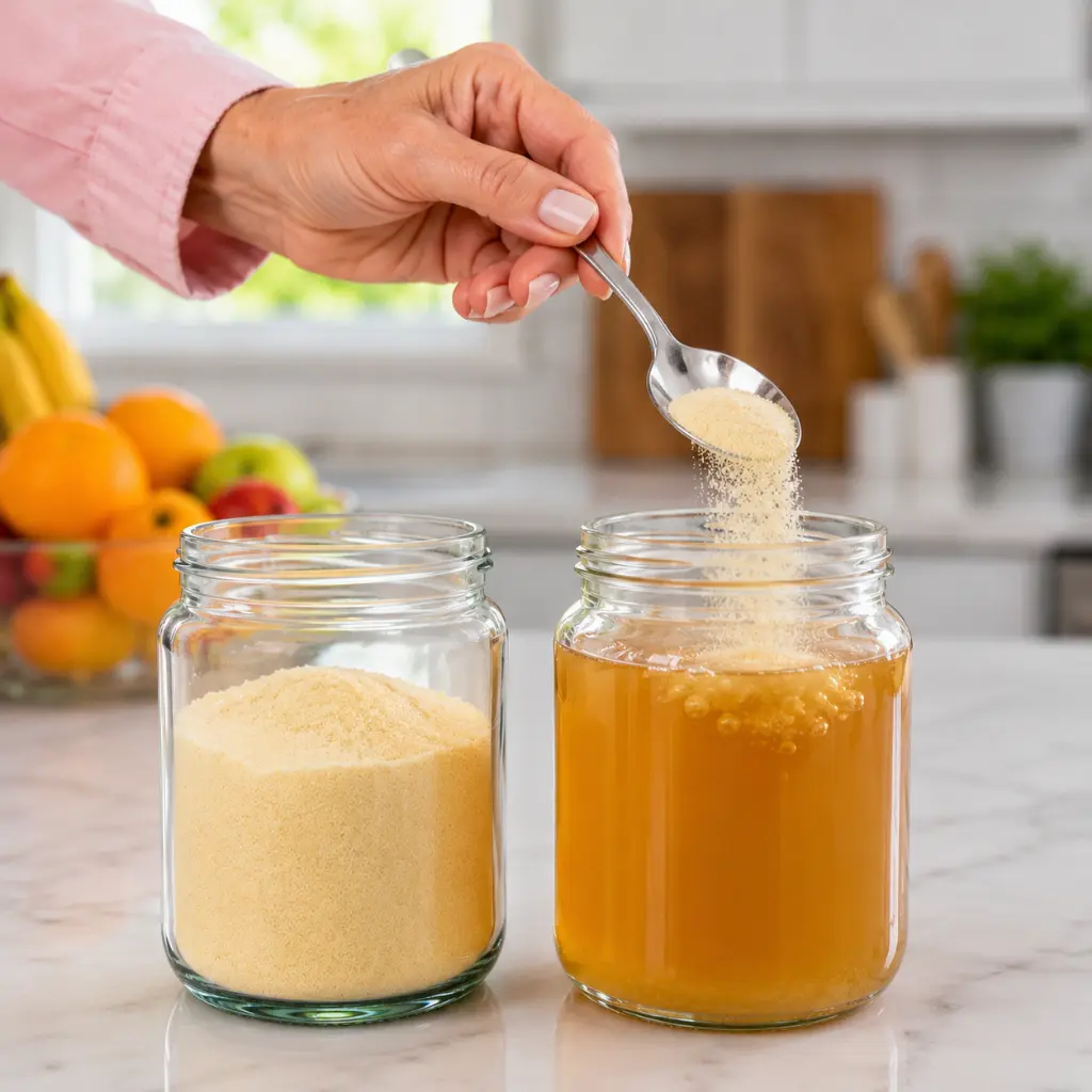 the gelatin trick for weight loss after 50: Hand adding unflavored gelatin powder to a warm amber drink in a glass jar beside a container of gelatin powder in a bright kitchen.