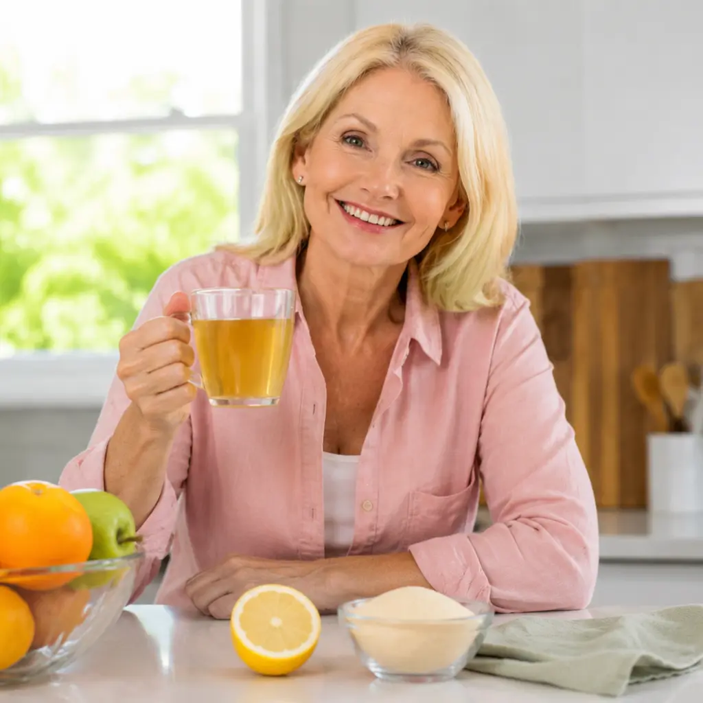 Smiling woman over 50 holding a warm gelatin drink in a bright kitchen with lemon, fruit, and unflavored gelatin powder on the counter.