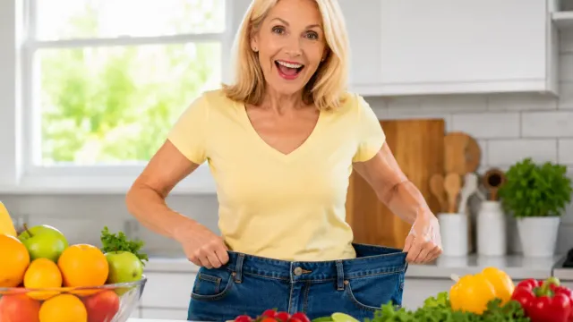 Smiling woman over 50 holding oversized jeans in a bright kitchen with fresh fruits and vegetables, illustrating healthy weight loss after 50 supported by balanced nutrition and a gelatin routine.