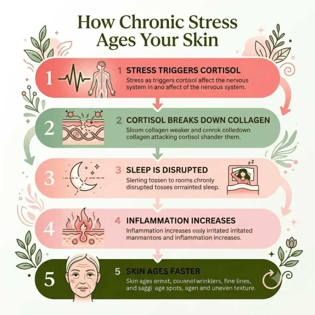 Infographic showing how stress and skin aging are connected through cortisol and inflammation