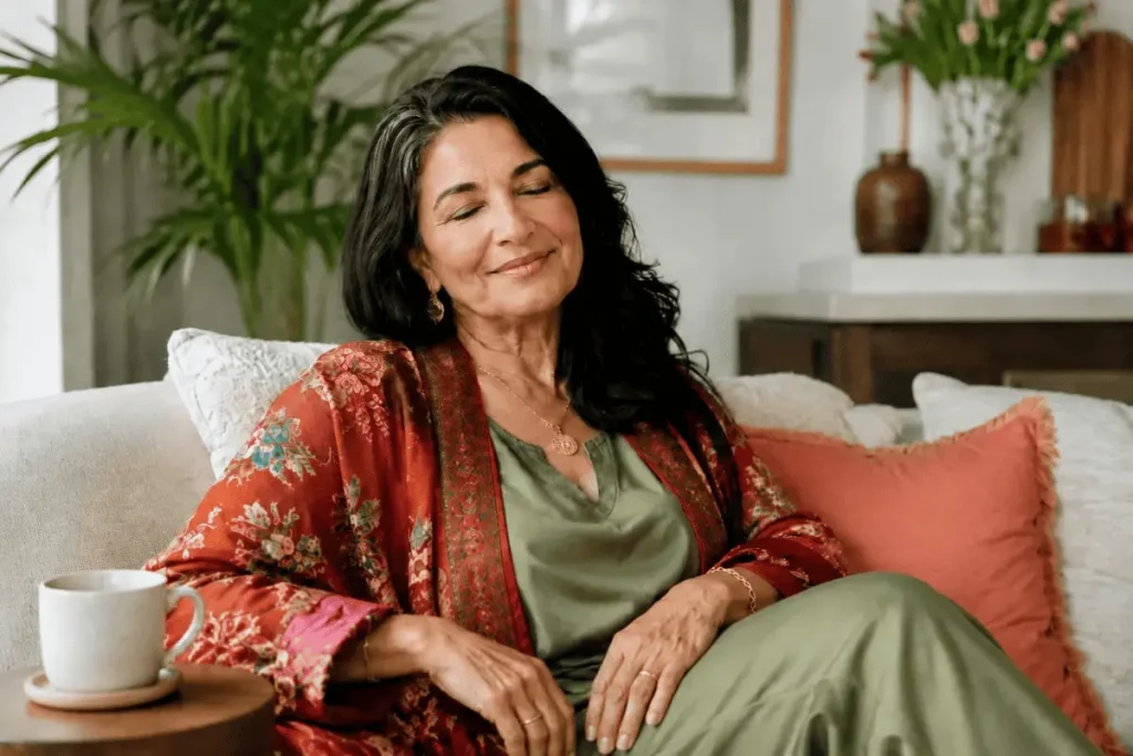 Mature woman reducing stress and skin aging with a calm morning mindfulness routine