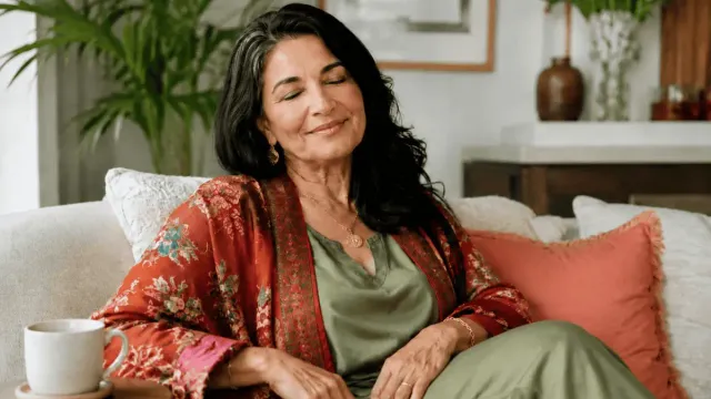 Mature woman reducing stress and skin aging with a calm morning mindfulness routine
