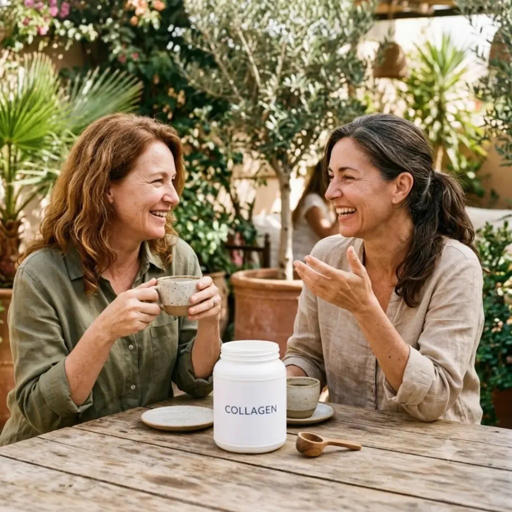 Two women over 50 talking over coffee while discussing skin changes during menopause