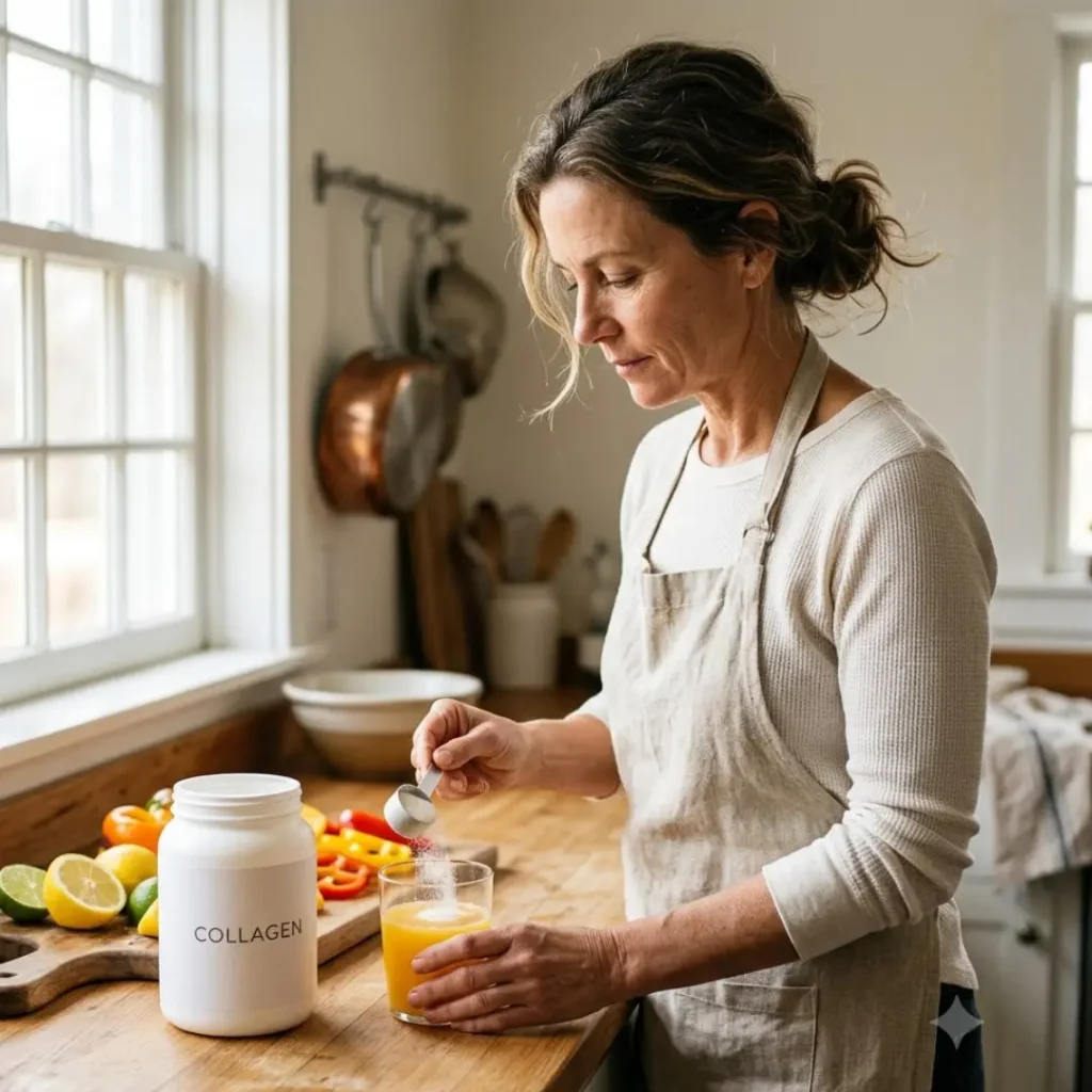 Woman over 50 preparing vitamin C rich foods in a bright kitchen