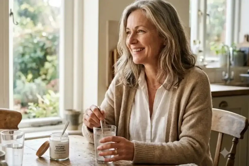 Collagen for menopause: woman sitting with her morning coffee reflecting on changes