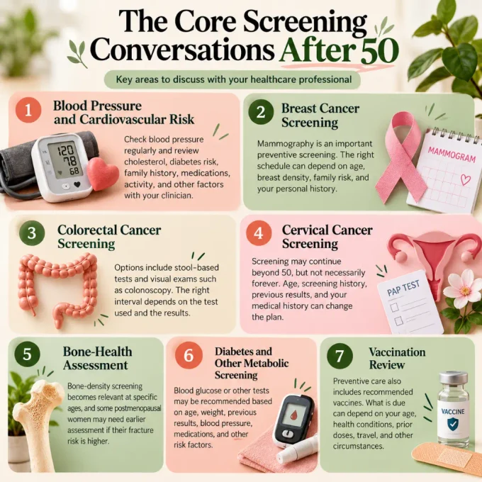 Women’s health screenings after 50 and preventive checkup conversations