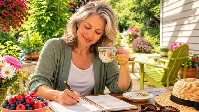 Woman over 50 writing in a planner while enjoying tea in a sunny garden, with fresh berries on the table