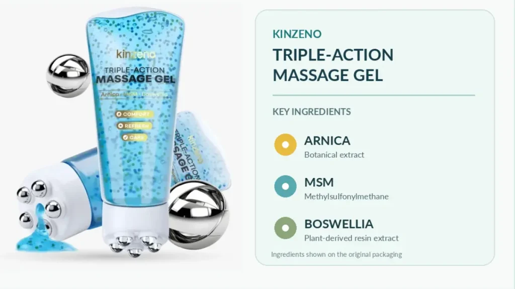 Kinzeno Triple-Action Massage Gel Ingredients Original Kinzeno Triple-Action Massage Gel packaging highlighting Arnica, MSM, and Boswellia.